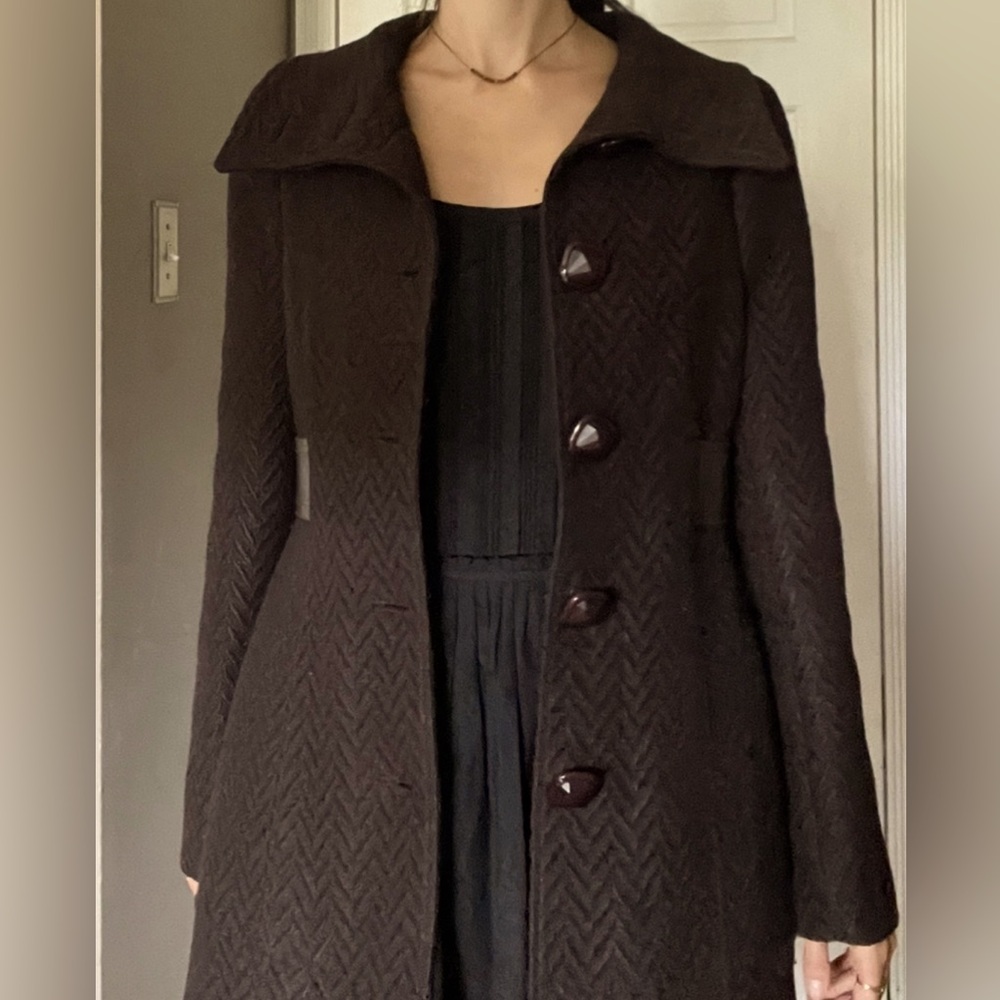 Mackage Coat Cocoa Brown and Black Leather Belt Funnel Collar Size Large